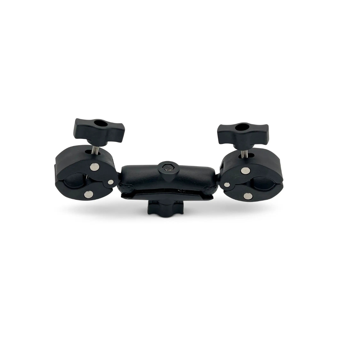 The ComfyGO Caregiver Controller for Electric Wheelchairs features a black double clamp mount with adjustable knobs on each end and a central joint for flexible positioning, designed to securely attach rods or poles together.